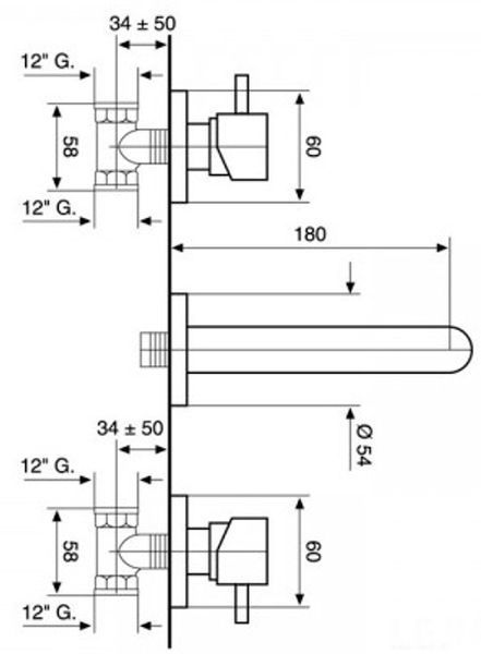 Смеситель EMMEVI PIPER для умывальника настенный врізний на 3 отв хром CR45155 A CR45155 A фото